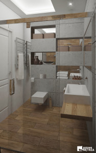 Łazienka z użyciem betonu architektonicznego z płytka imitującą drewno. Nowoczesna łazienka pokazująca trendy w aranżacji łazienki 2014.