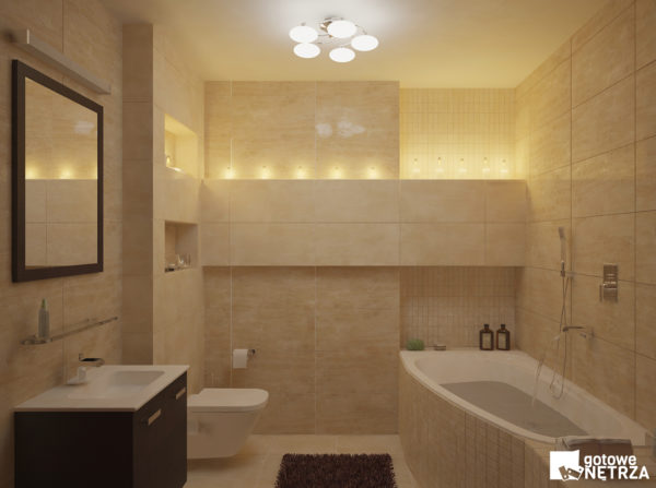 Klasyczna, elegancka łazienka Budapest w tonacji beżowej i brązowej.