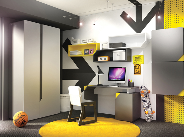 Pokój dla nastolatka z kolekcji beep timoore. Pokój dla fana komputerów i deskorolki