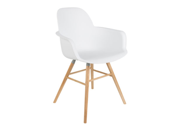 Albert Kuip Zuiver modne białe krzesło z podłokietnikami na drewnianych, jesionowych nogach. Designerskie krzesło do jadalni jak i komercyjnych wnętrz. Krzesło stworzone do wnętrz w stylu skandynawskim
