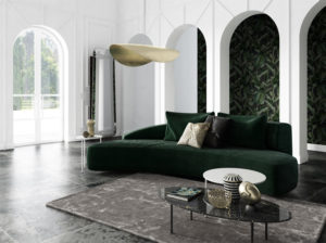 Sofa Moon w stylu industrialnym o nieregularnym kształcie półksiężyca. Nietuzinkowa i oryginalna wyprodukowana ręcznie w Polsce