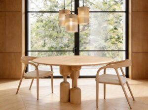 Rozkładany stół dębowy Edera z geometryczną podstawą Mestiere Home