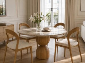 Stół Nuvia z dębową podstawą i okrągłym marmurowym blatem Mestiere Home